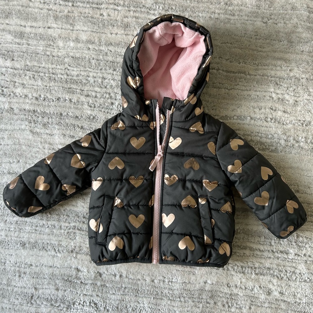 Carters Black Puffer Hooded Jacket with Metallic Gold Hearts 18M